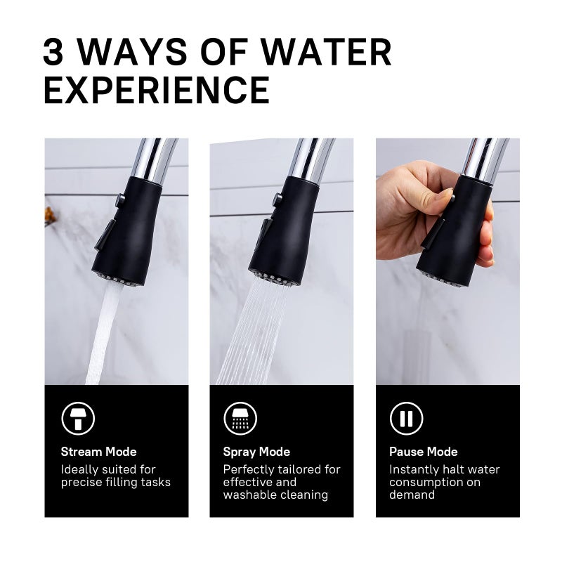 WEWE Kitchen Sink Faucet, Pull Down Kitchen Faucet, Black and Chrome Kitchen Faucet with Sprayer Stainless Steel Single Handle one or Three Hole for Laundry bar Kitchen Sinks - Image 5